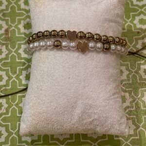 Gold Bead & Pearl Heart Adjustable Bracelet Set – 2 Piece Layered Stack - NEW